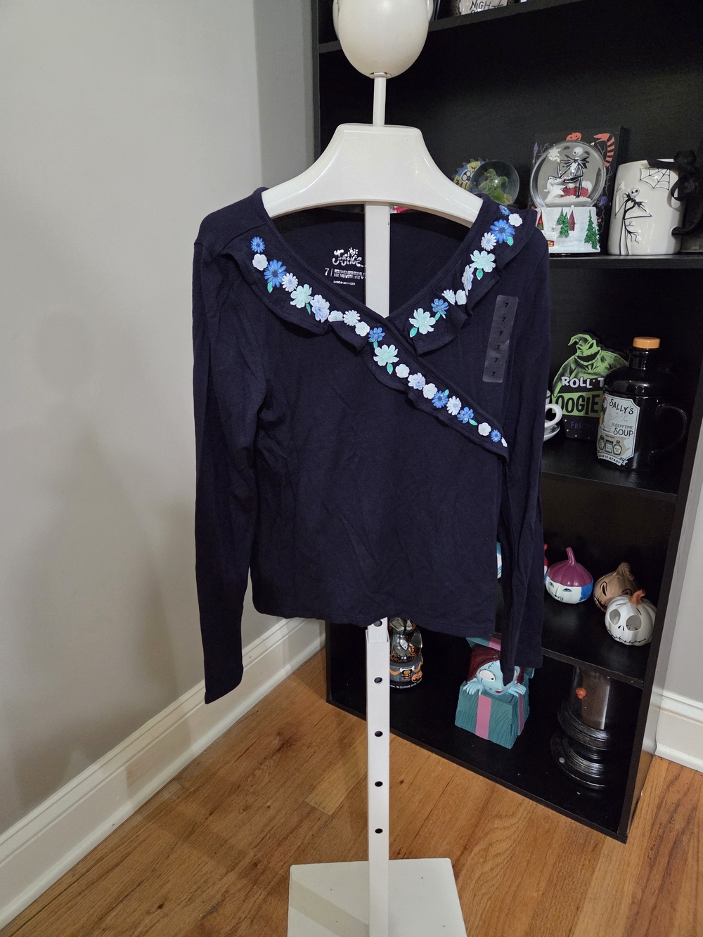 Justice Navy Long-Sleeve Top with Blue Floral Trim